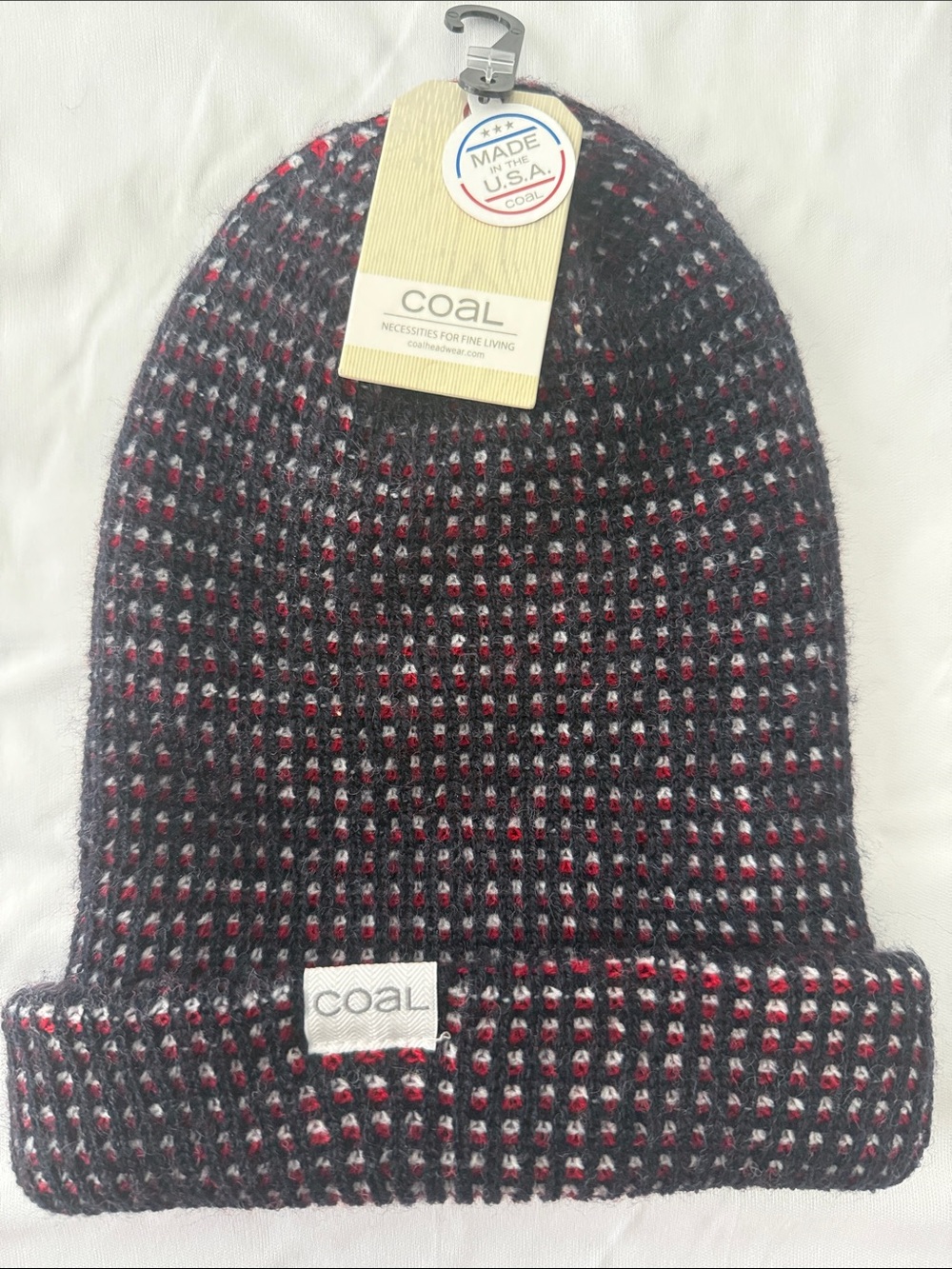 Coal Black Beanie with Red & Gray Pattern